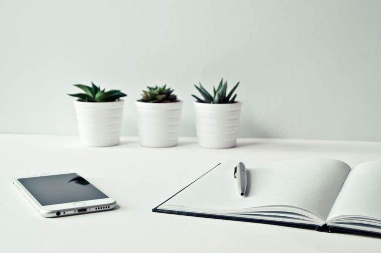 An open notebook and pen beside a phone and three potted succulents on a white desk